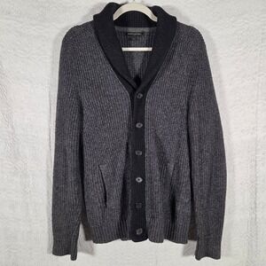 Banana Republic Mens Shawl Collar Cardigan Sweater Gray Black Ribbed Knit Small